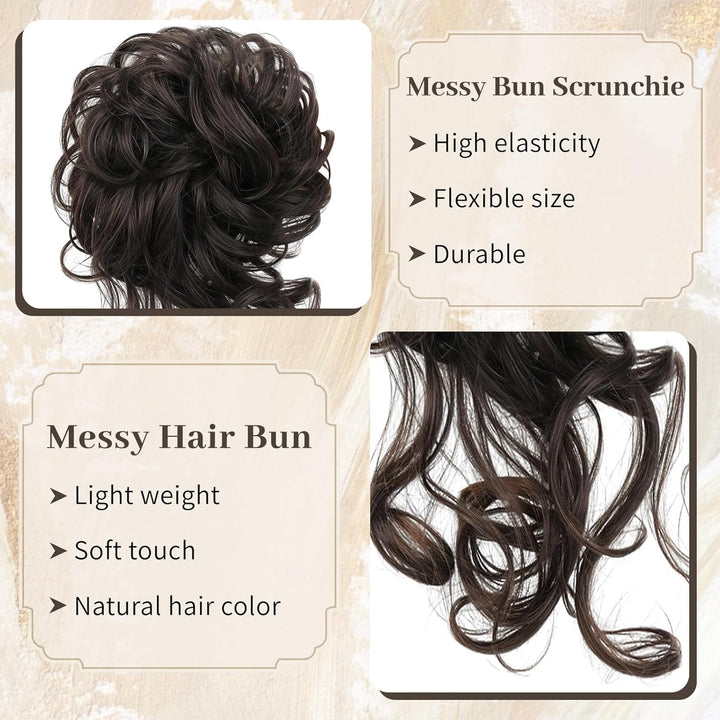 Messy Bun Hair Piece, Curly Wavy Hair Buns Hair Piece - Tousled Updo Fake Hair Bun - Synthetic Messy Bun Scrunchie Hairs Pieces for Women Girls (Brown Black)
