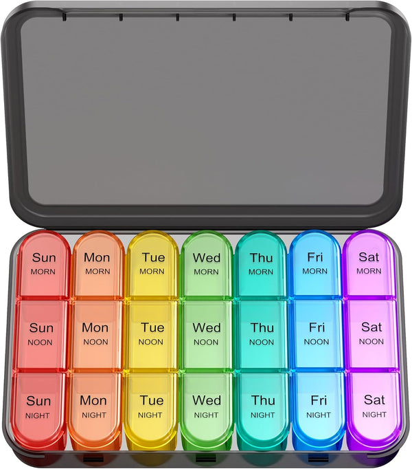Weekly Pill Box 7 Day 3 Times a Day (Morn/Noon/Night), Daily Portable Travel Pill Box Organiser, Tablet Organiser with Large Compartments, Hold for Fish Oils, Vitamins, Supplements (Black)