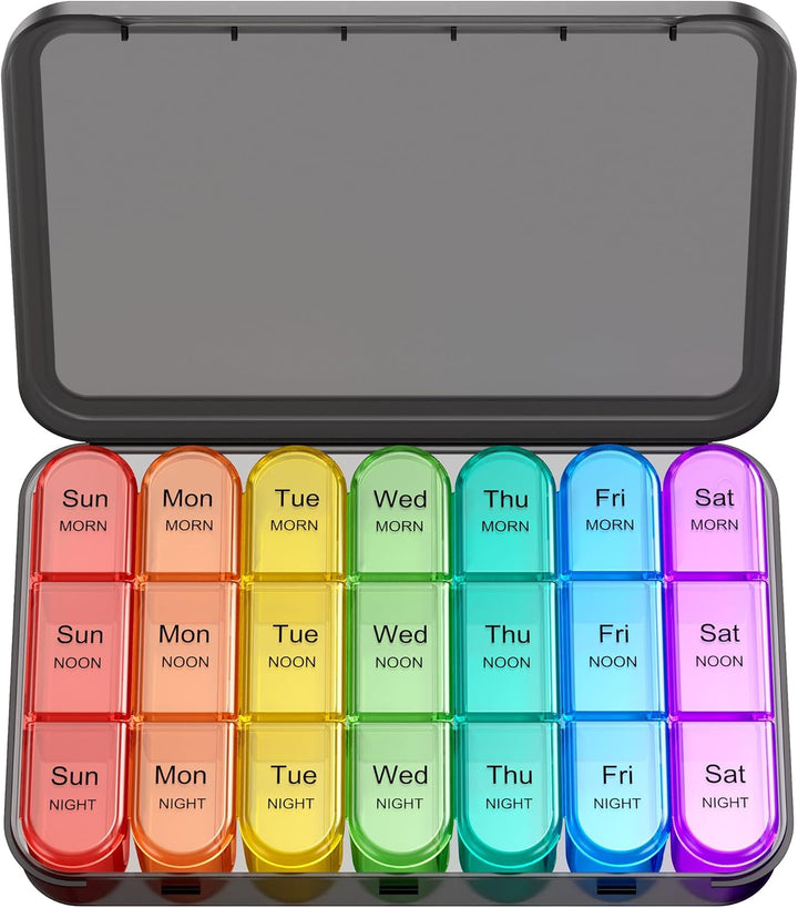 Weekly Pill Box 7 Day 3 Times a Day (Morn/Noon/Night), Daily Portable Travel Pill Box Organiser, Tablet Organiser with Large Compartments, Hold for Fish Oils, Vitamins, Supplements (Black)