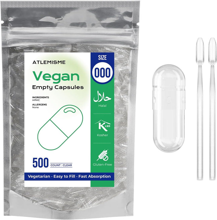 Empty Capsules Size 000 100 Count,Clear Empty Vegan Capsules Kosher,Halal and Non GMO Certified for DIY Supplements.Hypoallergenic Veggie Capsule Empty with 2 Spoons,Adapted to the Capsule Filler
