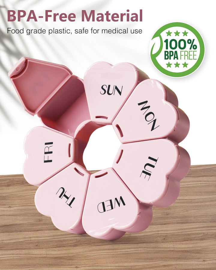 Weekly Pill Organiser, Cute, 7 Day, Large Compartments, Portable Tablet Box, Round, Vitamin and Supplement Case (Pink)