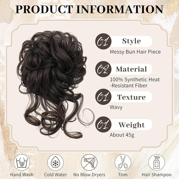 Messy Bun Hair Piece, Curly Wavy Hair Buns Hair Piece - Tousled Updo Fake Hair Bun - Synthetic Messy Bun Scrunchie Hairs Pieces for Women Girls (Brown Black)