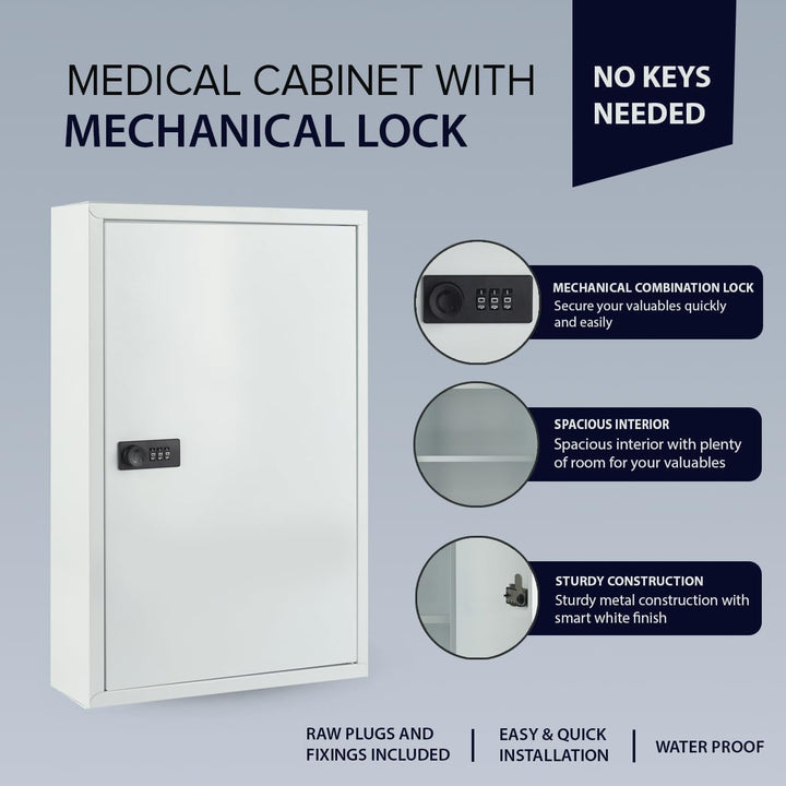 Medcab Medical Cabinet | Wall-Mounted First Aid Metal Box with Mechanical Combination Lock | Hospital Clinic Medicine Storage Safe |