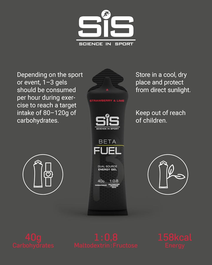 Beta Fuel Gels Dual Source Energy Gel, Strawberry and Lime Flavour, 40 G of Carbs per Pack, 60 Ml Pack (6 Pack)