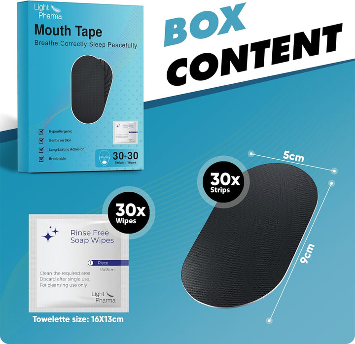 Mouth Tape for Sleeping, Sleep Mouth Tape for Snoring Prevention by Improving Nasal Breathing, Mouth Tape for Snoring with Rinse Free Soap Towelettes, Medical Grade | 30 + 30