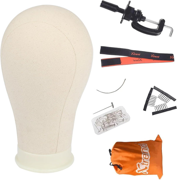 21"-24" Canvas Wig Head Poly Manikin Head for Making/Drying/Styling Wigs Model Training Head Professional Mannequin Head with 20 Pcs T Pins and Clamp Stand 23 Inch
