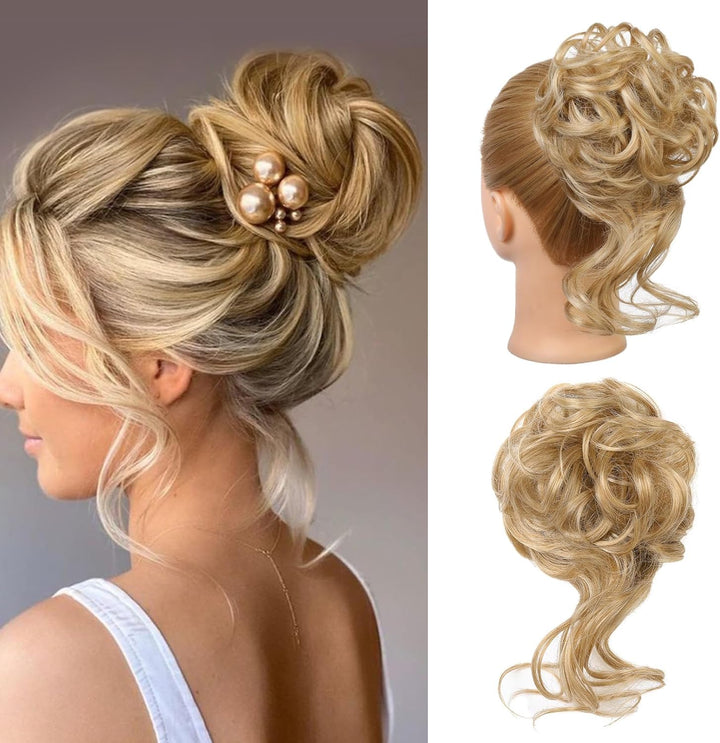 Messy Bun Hair Piece, Tousled Updo Elastic Hair Bun Hairpiece for Women Synthetic Donut Accessories Scrunchies - Light Ash Blonde with Highlights