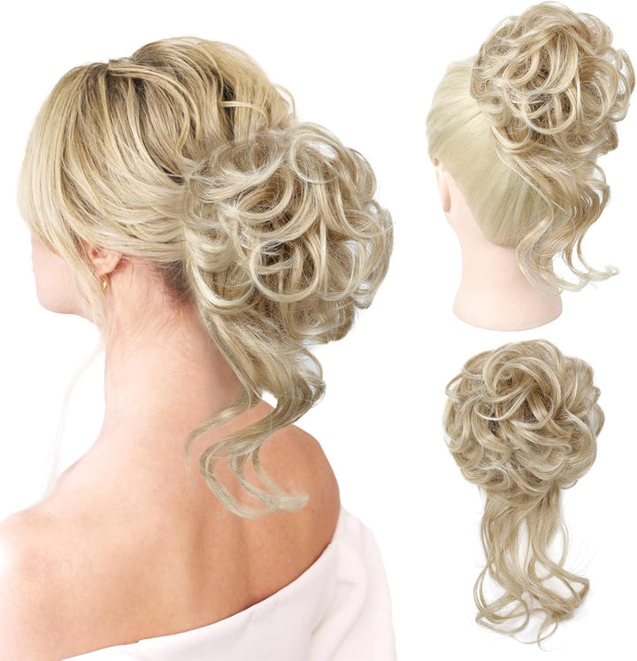 Messy Bun Hair Piece, Tousled Updo Elastic Hair Bun Hairpiece for Women Synthetic Donut Accessories Scrunchies - Light Ash Blonde with Highlights