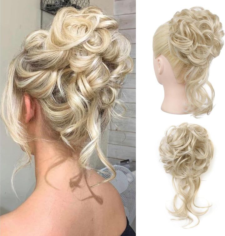 Messy Bun Hair Piece, Tousled Updo Elastic Hair Bun Hairpiece for Women Synthetic Donut Accessories Scrunchies - Light Ash Blonde with Highlights