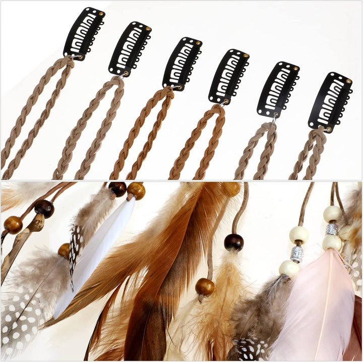 6Pcs Feather Hair Clips for Women, Bohemian Hair Extensions with Clip Comb, Indian Tassel Hemp Rope Braided Beads Headdress, Handmade Hair Accessories for Halloween Party Costume Decoration