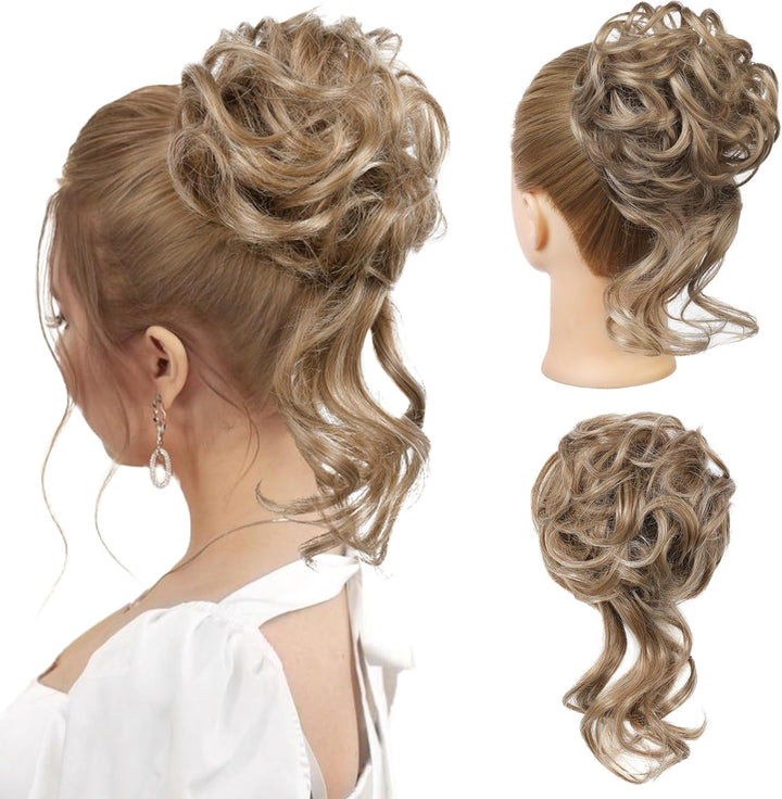 Messy Bun Hair Piece, Tousled Updo Elastic Hair Bun Hairpiece for Women Synthetic Donut Accessories Scrunchies - Light Ash Blonde with Highlights