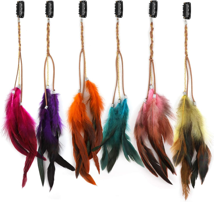 6Pcs Feather Hair Clips, Handmade Boho Hair Extensions with Clip Comb, Bohemian Hippie Hairpin Feather Indian Tassel Hemp Rope Festival Headwear Cosplay Headdress Accessories - Chain Styles