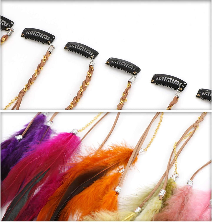 6Pcs Feather Hair Clips, Handmade Boho Hair Extensions with Clip Comb, Bohemian Hippie Hairpin Feather Indian Tassel Hemp Rope Festival Headwear Cosplay Headdress Accessories - Chain Styles