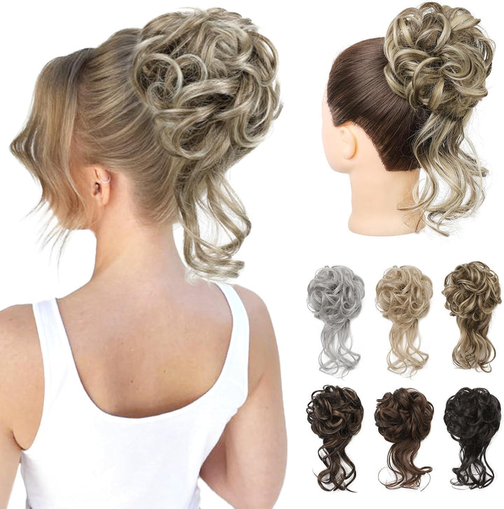 Messy Bun Hair Piece, Tousled Updo Elastic Hair Bun Hairpiece for Women Synthetic Donut Accessories Scrunchies - Light Ash Blonde with Highlights