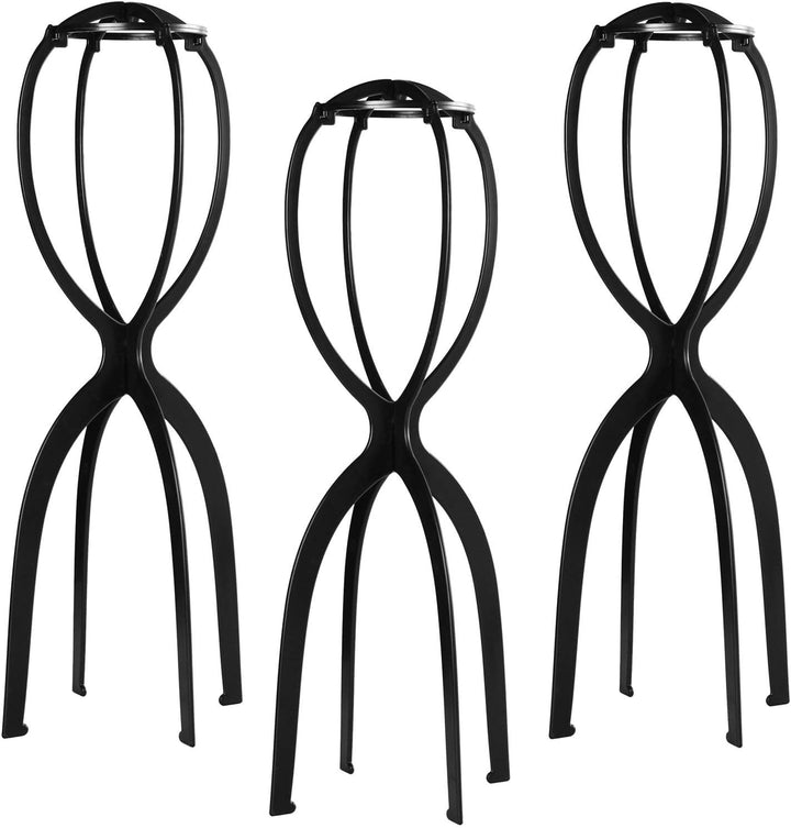 Folding Wig Stands for Short Hair, Plastic Wig Head, Portable Display Stands, Black, 3 Pack