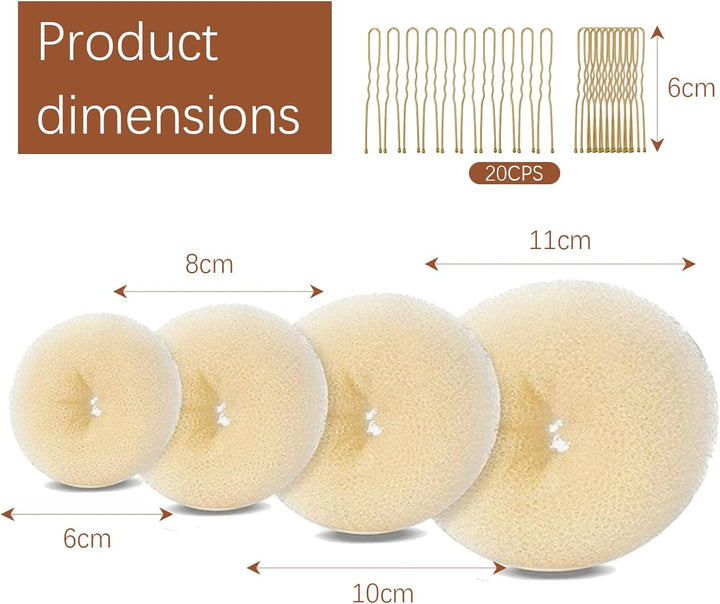 4 Pcs Hair Bun Shaper Set,Ring Style Hair Donuts for Buns with 20 Golden Bobby Pins,Beige Hair Bun Maker for Girls Kids Women DIY Chignon Hair Styles Dancer Ballerina(Four Different Sizes)