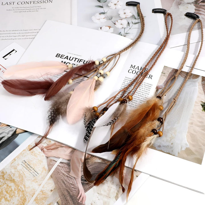 6Pcs Feather Hair Clips for Women, Bohemian Hair Extensions with Clip Comb, Indian Tassel Hemp Rope Braided Beads Headdress, Handmade Hair Accessories for Halloween Party Costume Decoration