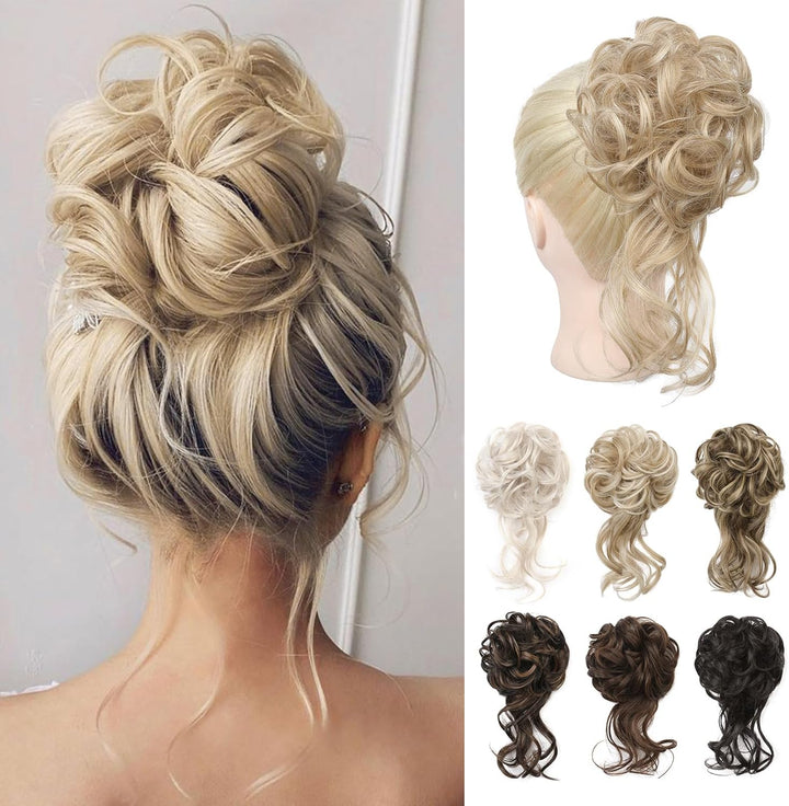Messy Bun Hair Piece, Tousled Updo Elastic Hair Bun Hairpiece for Women Synthetic Donut Accessories Scrunchies - Light Ash Blonde with Highlights
