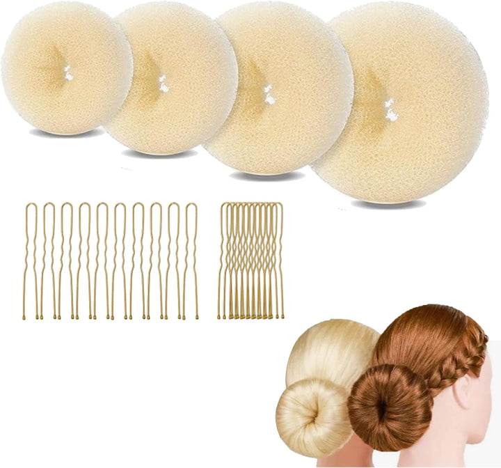 4 Pcs Hair Bun Shaper Set,Ring Style Hair Donuts for Buns with 20 Golden Bobby Pins,Beige Hair Bun Maker for Girls Kids Women DIY Chignon Hair Styles Dancer Ballerina(Four Different Sizes)
