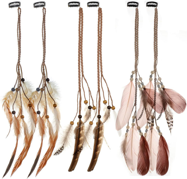 6Pcs Feather Hair Clips for Women, Bohemian Hair Extensions with Clip Comb, Indian Tassel Hemp Rope Braided Beads Headdress, Handmade Hair Accessories for Halloween Party Costume Decoration