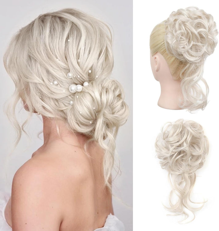 Messy Bun Hair Piece, Tousled Updo Elastic Hair Bun Hairpiece for Women Synthetic Donut Accessories Scrunchies - Light Ash Blonde with Highlights