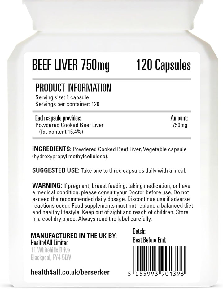 Berserker Desiccated Beef Liver Supplement 750Mg per Capsule 120 Capsules, Un-Defatted to Provide Full Absorption of Naturally Occurring Vitamins and Minerals Found in Beef Liver | Made in the UK