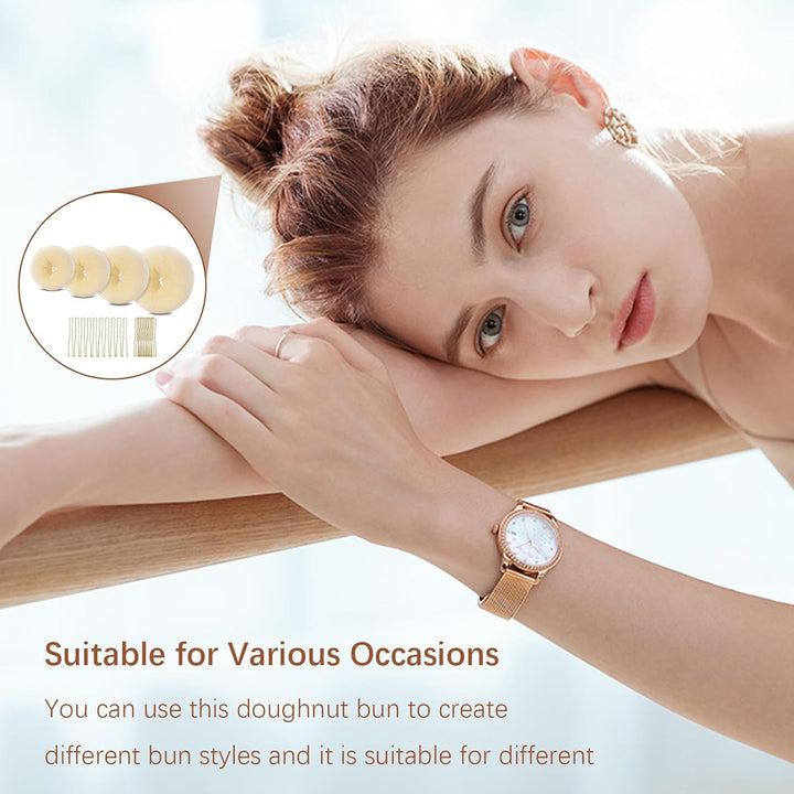 4 Pcs Hair Bun Shaper Set,Ring Style Hair Donuts for Buns with 20 Golden Bobby Pins,Beige Hair Bun Maker for Girls Kids Women DIY Chignon Hair Styles Dancer Ballerina(Four Different Sizes)