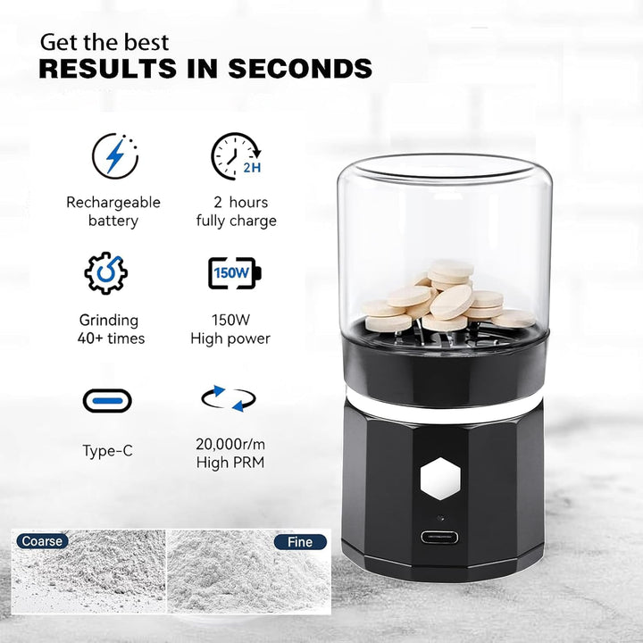 Cordless Small Electric Pill Crusher, Pill Crusher Fine Powder with Stainless Steel Grinding Head, Grind and Pulverize Multiple Pills Extremely Fine, Suitable for Travel, Home, Workplace (Black)