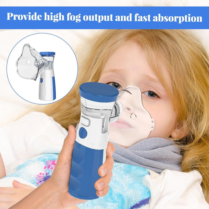 Portable Nebulizer Machine for Adults & Kids - Adjustable Silent Nebuliser with 2 Masks (1 Big + 1 Small) & Mouthpiece - Home & Travel Steam Inhaler (Blue)