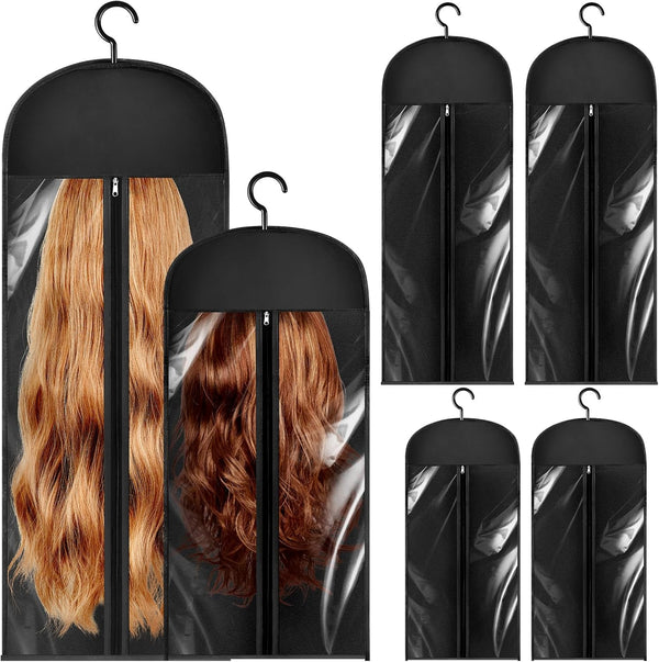 Hair Storage Bag - 6-Piece Wig Hanger Set with Hook - Dustproof Portable Holder for Multiple Hairpieces (Black, 2 Sizes)23.6 & 31.5 Inch