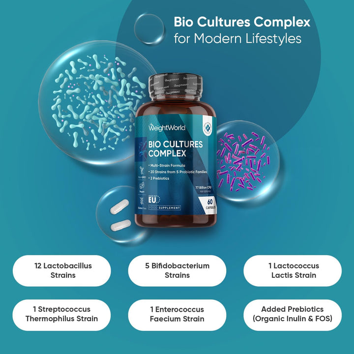 Bio Cultures Complex Probiotics and Prebiotics - 77 Billion CFU - 20 Live Cultures - 60 Capsules - Strains like Lactobacillus Acidophilus & Casei - Prebiotic and Probiotic Supplements for Women & Men