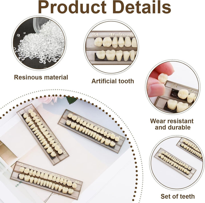84Pcs False Teeth, Fake Teeth Dental Acrylic Resin Denture, Denture Repair Kit, 23 Shade A2 Upper + Lower Dental Materials for Replacement, for Missing Loose Tooth, 3 Sets, 23 A2