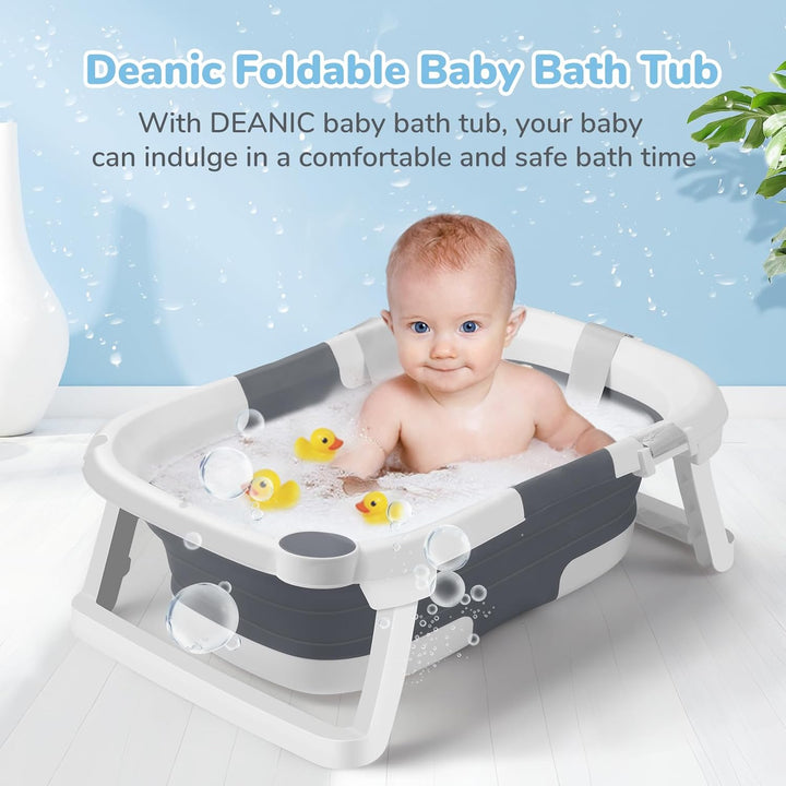 Baby Bath Tub for 0-6-12 Months Newborn, Foldable Toddler Bath with Soft Cushion Pad, Portable Baby Bathtub Travel save Space (Grey)