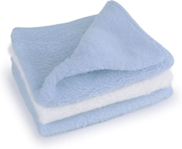 3 Pack Microfiber Super Soft Baby Face Wash Cloths, 28 X 28Cm Washable & Reusable Unscented Flannels, Multipack Pink and White, Ideal for Wiping and Cleaning Hands and Face (Blue)