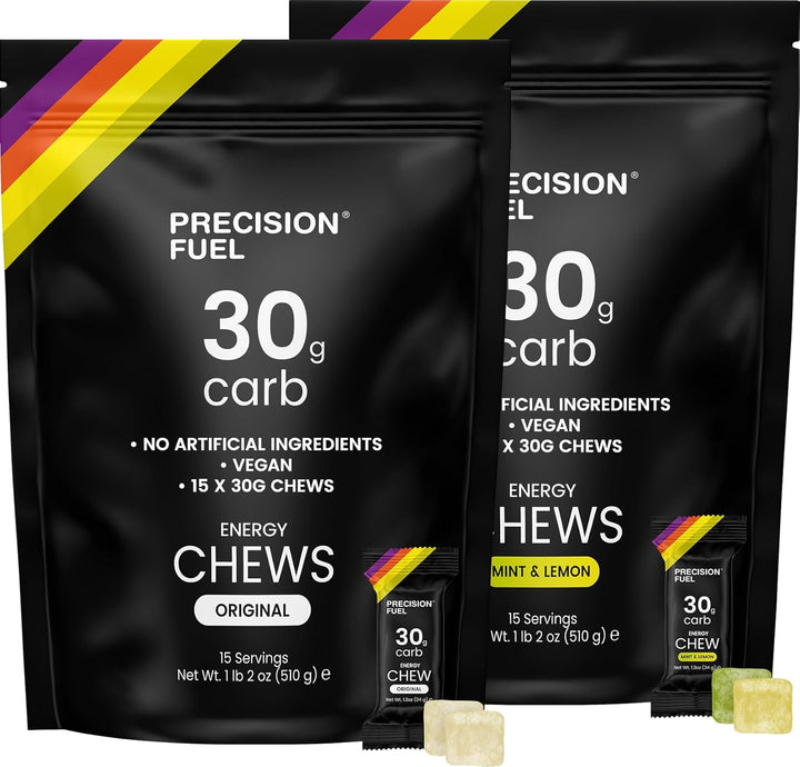 Precision Fuel 30 Energy Chews - High Carb,Lightweight Snack for Endurance Sports,30G Carbs per Serving,Ideal for Running & Cycling,No Artificial Ingredients - Original and Mint Lemon (4 X 34G Chews)