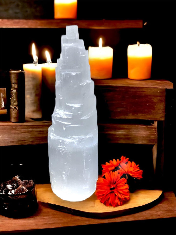Selenite Crystal Lamp Handmade Natural White Selenite Tower Lamp Spiritual Healing Cleanse and Recharge Crystals Table Lamp Meditation Mineral Decoration Gift (30 Cm)