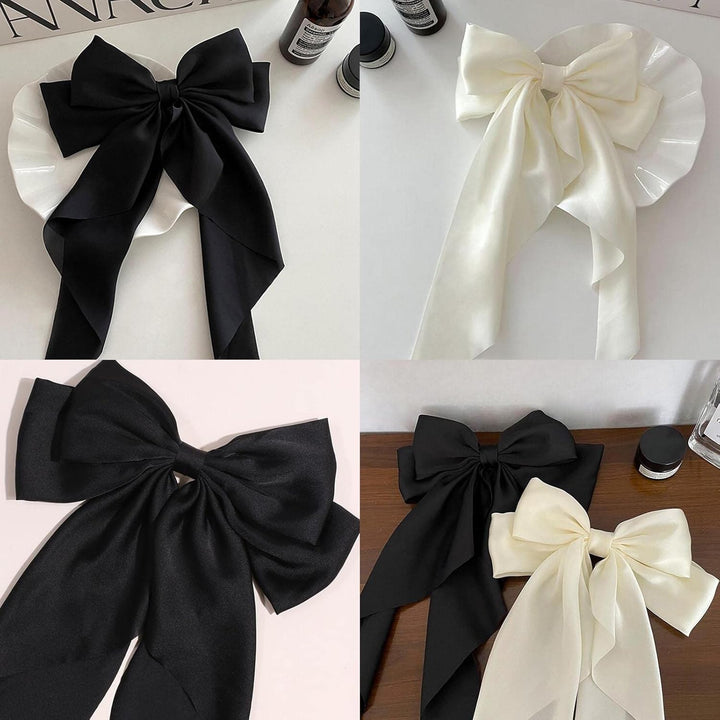 2 PCS Big Bow Hair Clips with Long Silky Satin, Solid Color French Barrette Simple Hair Fastener Accessories for Women Girls