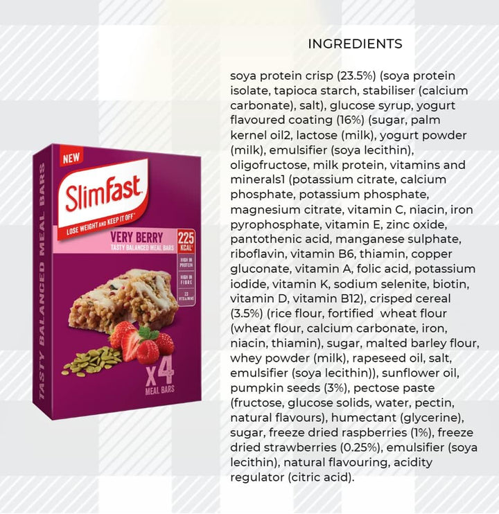 Slim Fast Bundle 16X60Gram Meal Bars in Choc Chip, Orange, Rocky Road and Very Berry Tasty,  for Weight Loss, High in Protein