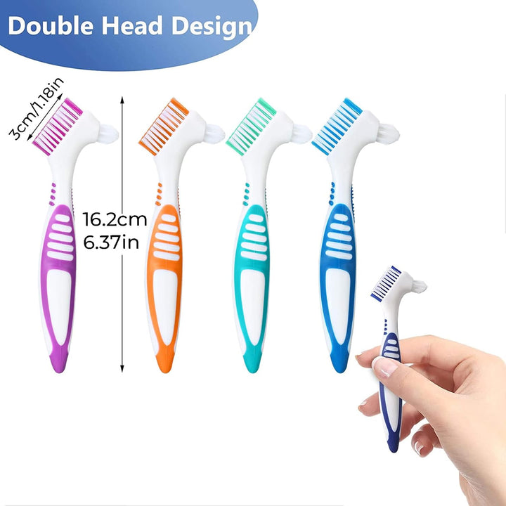 4Pcs Denture Brush, Retainer Brush, Denture Toothbrush, Portable Denture Cleaning Brush, Double Bristle Head Denture Brush, False Teeth Brush for Cleaning Retainers (Blue, Purple, Green,Orange)