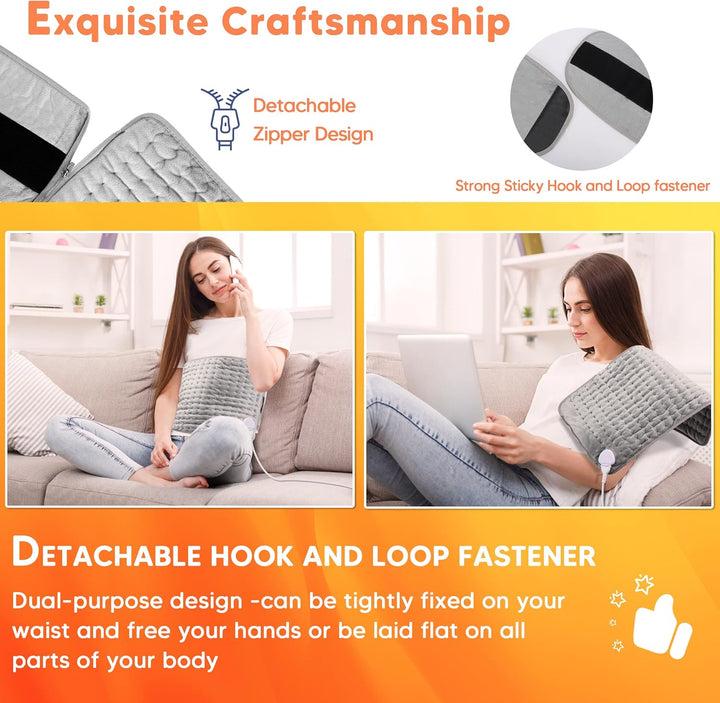 Heat Pads for Back Pain Relief,  Soft Heating Pad with Auto Shut off and 6 Heat Level Settings, Detachable Heat Pad with Zipper Hook and Loop Fastener, Machine Washable, 12" X 48"