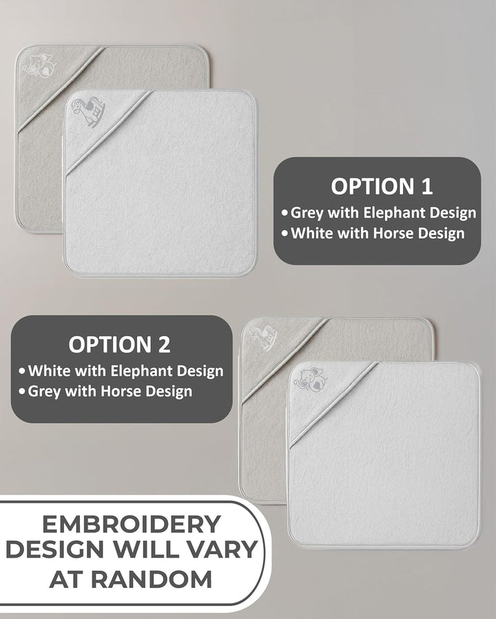 Newborn Essentials 100% Cotton Embroidered Hooded Baby Towel 70 X 70Cm for Baby Boys and Girls 0-24 Months (2-Packs)