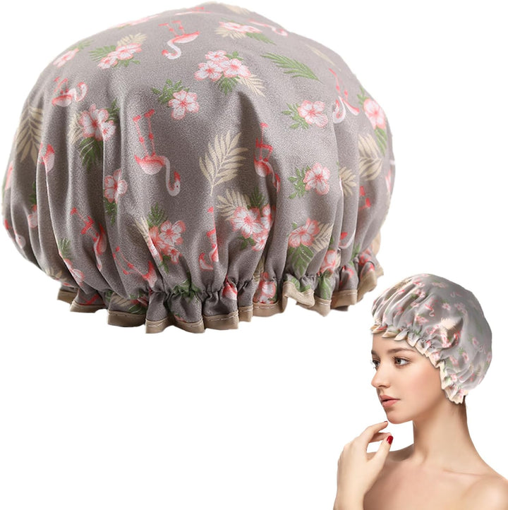 Double Layer Shower Cap for Women Waterproof Reusable Elastic Band, Ruffled Edges Covering Ears for Long, Short & Curly Hair (Blue Bird)