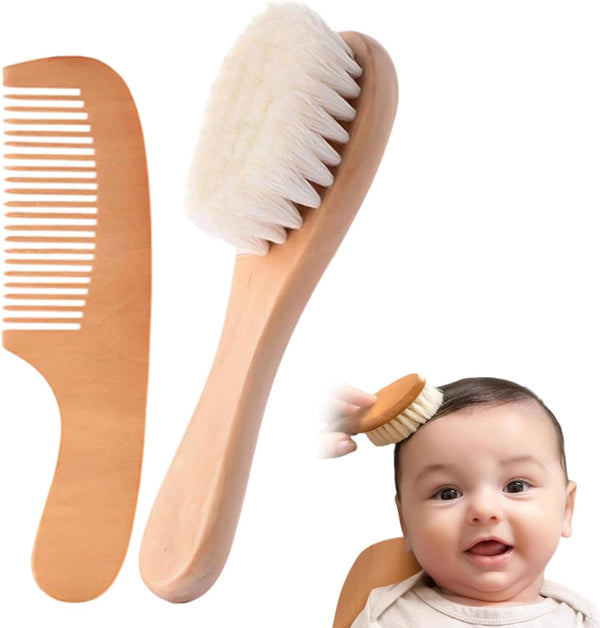 Baby Hair Brush and Comb Set for Newborns, Infants and Toddlers, Brush with Natural Wooden Handle and Super Soft Goat Bristles, Gently Grooms Hair, Maintain Scalp Health, Prevent Cradle Cap