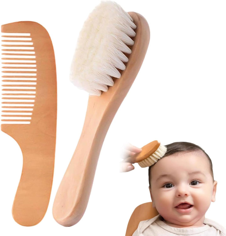 Baby Hair Brush and Comb Set for Newborns, Infants and Toddlers, Brush with Natural Wooden Handle and Super Soft Goat Bristles, Gently Grooms Hair, Maintain Scalp Health, Prevent Cradle Cap