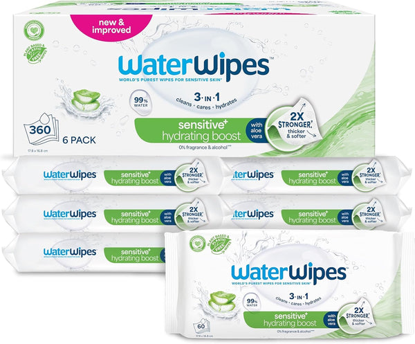 Sensitive+ Hydrating Boost Wipes, 360 Count (6 Packs), 3-In-1 Cleans, Cares, Hydrates, 99% Water with Aloe Vera, Unscented Baby Wipes