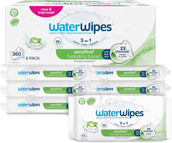 Sensitive+ Hydrating Boost Wipes, 360 Count (6 Packs), 3-In-1 Cleans, Cares, Hydrates, 99% Water with Aloe Vera, Unscented Baby Wipes
