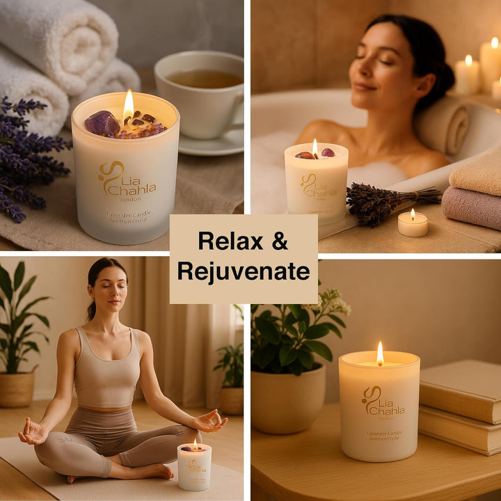Lavender Soy Candle Gifts for Women | Infused with Amethyst Crystals and Florals | Aromatherapy Spiritual Healing & Anxiety Relief, Christmas Gifts (Lavender/Amethyst, 10 OZ)