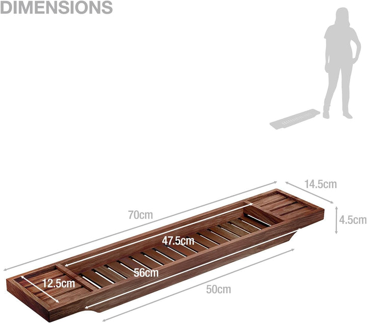 Slimline Acacia Wood Bathtub Caddy Tray Bridge Wooden Bath Rack Bathroom Accessory Bath Shelf over Tub Bathroom Board Storage Shelf Tidy Relax Organiser, 70 X 14.5 X 7.5 Cm - Natural