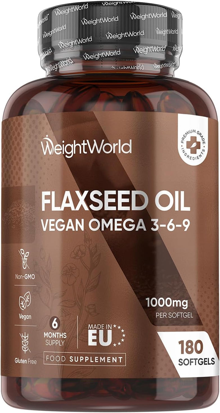Flaxseed Oil Softgels - 180 Softgels - 1 a Day - 6 Months Supply - Cold-Pressed Omega 3 6 9 Capsules - ALA, Linoleic & Oleic Acid - Vegan, Non-Gmo & Gluten-Free - Linseed Oil Supplement