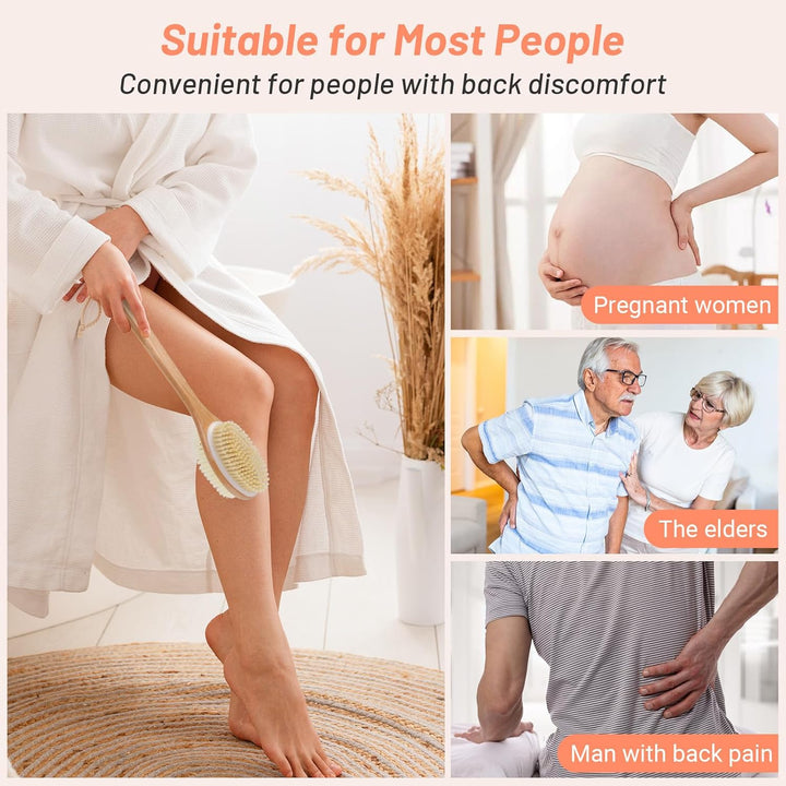 Wooden Back Scrubber for Shower with Long Handle, Dual-Sided Bath Brush Body Scrubber with Stiff and Soft Bristles, Exfoliating Body Brush [Dry and Wet Brushing]